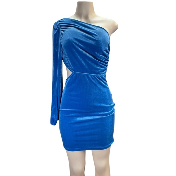 Simple Blue Asymmetrical Ruched Mini Dress - Picture 3 of 6